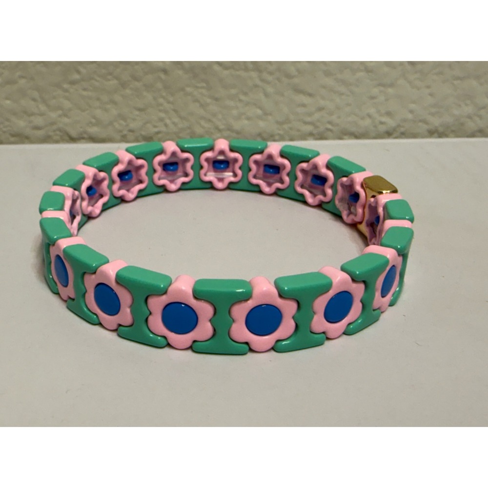 Pink Teal Blue Enamel Flower Tile Stretch Bracelet Boho Floral Kidcore Accessory